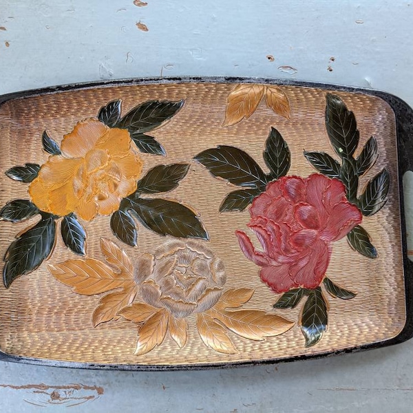 Vintage mid century Japanese inspired textured plastic peony flower serving tray