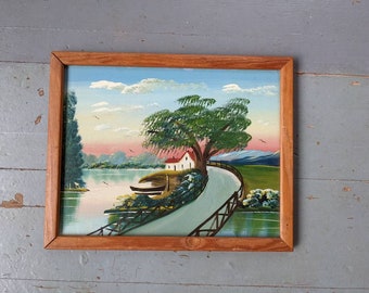 Vintage framed original acrylic painting of an Asian style landscape with cottage and a boat over a bridge