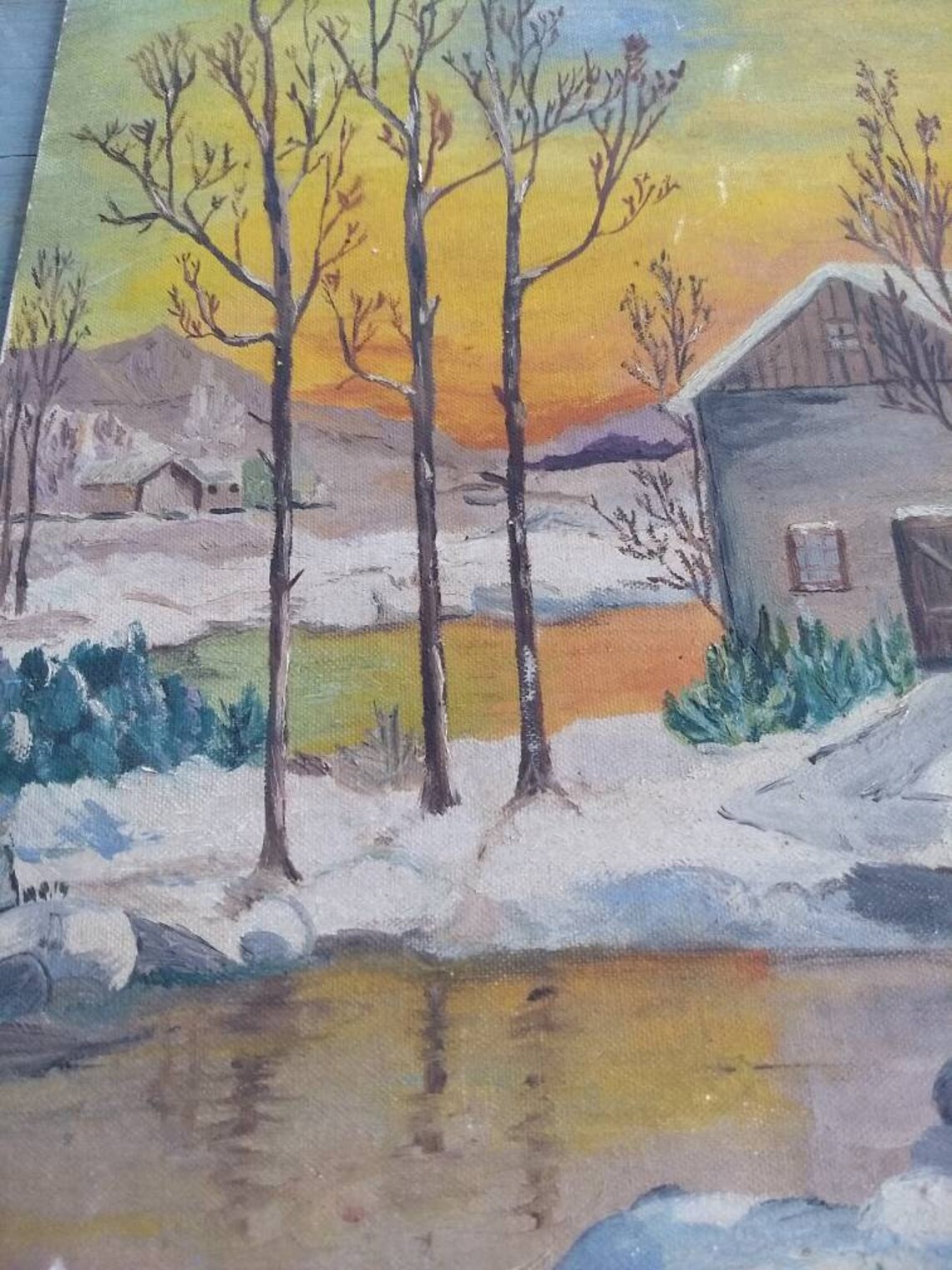 Vintage Original Painting of a Cabin in Snow - Etsy