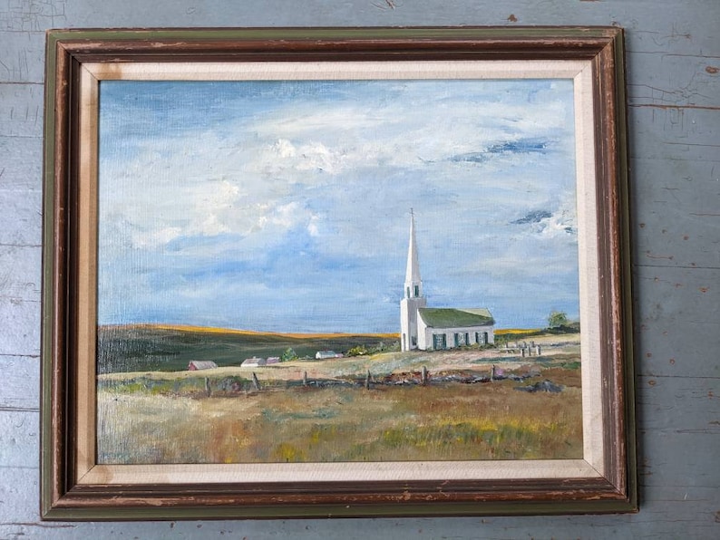 Vintage framed original oil landscape shops painting of a church in autumn
