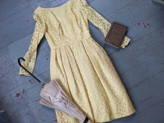 Vintage 1960s hand sewn yellow lace cocktail dress - image 1