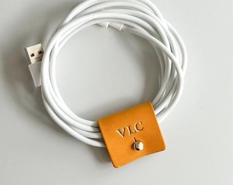 Personalised Italian Leather Cord Keeper, Gold Foil Monogram Cable Organizer