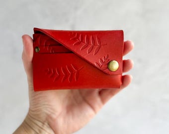 Red Leather Wallet, Botanical Print, Personalised leather wallet