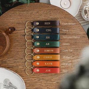 May include: Seven leather keyrings with gold rings. Each keyring has a different name and colour: Ben (dark brown), CDL (navy), SH (textured petrol green), AB (green), Simon (dark tan), Chris (mustard), Kate (orange), and Joe (red).