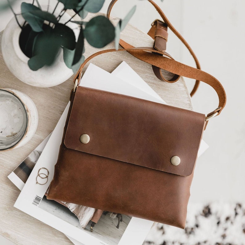 Tan leather Crossbody handbag, medium handbag, leather handbag image 1