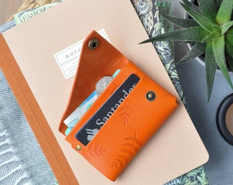 Orange Leather Wallet with Botanical Print