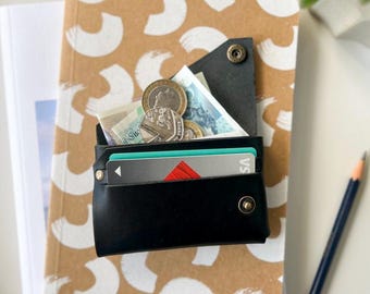 Personalized Black Leather Wallet, Minimalist Card Holder, Anniversary Gift