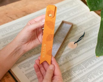Personalised Leather Bookmark, Moth Print, Italian Leather, Book Lover Gift