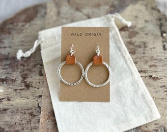 Larger Textured Earring Hoops with Tan Leather Detail
