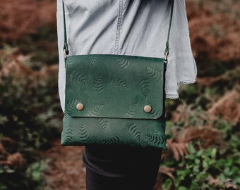 Botanical leather handbag, green leather handbag, crossbody bag, shoulder bag