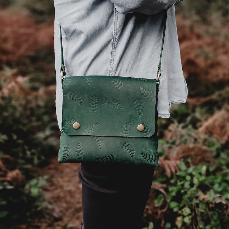 Botanical leather handbag, green leather handbag, crossbody bag, shoulder bag image 1