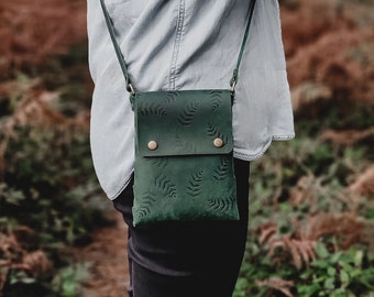 Mini leather botanical crossbody handbag, leather crossbody handbag, handbag