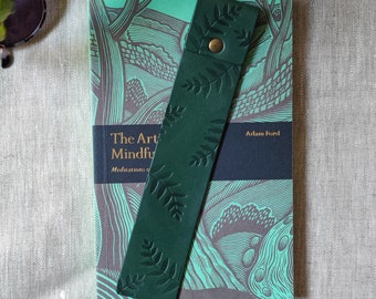 Green Botanical leather, leather bookmark, personalised bookmark, personalised leather gift, gift for him