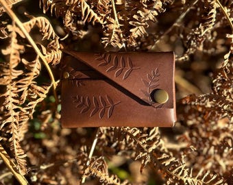 Brown Leather Wallet, Botanical Print, Personalised leather wallet