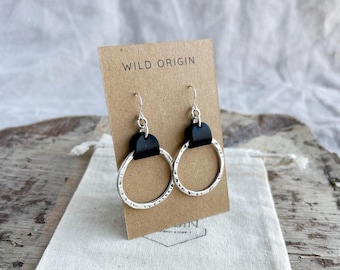 Larger Textured Earring Hoops with Black Leather Detail