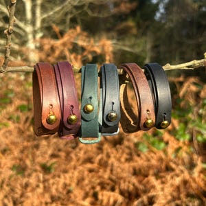 May include: A selection of leather bracelets in shades of brown, burgundy, green, and black, are displayed on a branch. Each bracelet has a gold-coloured button fastening. The bracelets are suspended against a blurred natural backdrop.