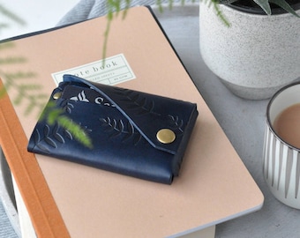 Botanical Navy Leather Wallet, leather personalised wallet