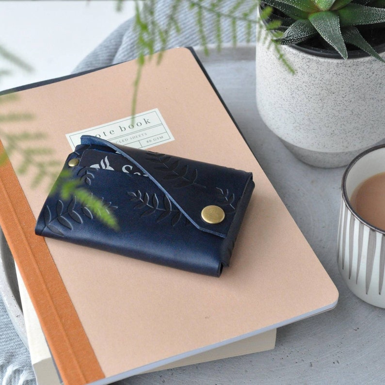 Botanical Navy Leather Wallet, leather personalised wallet image 1