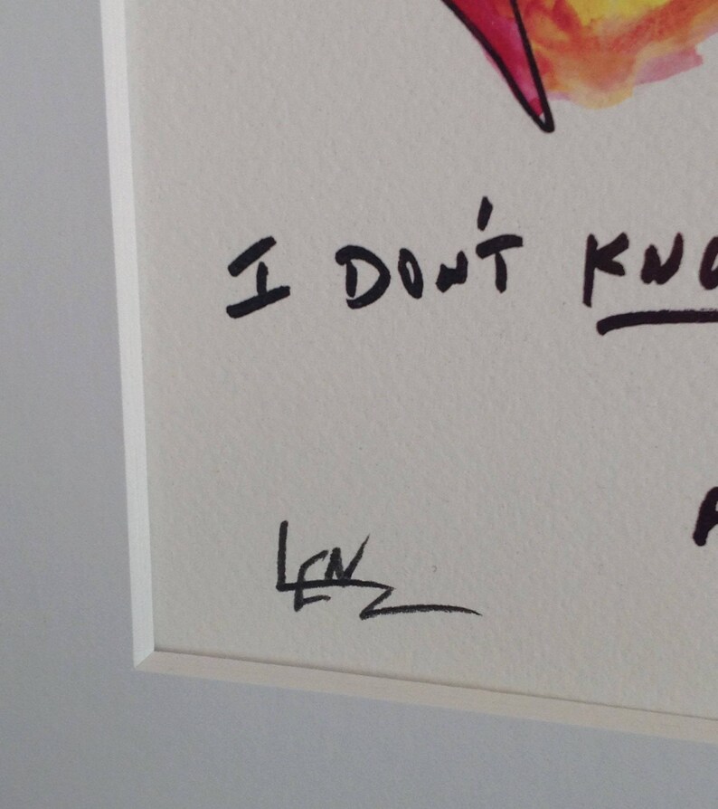 May include: A watercolor painting with a red and yellow abstract design. The text "I don't know" is written in black ink below the design. The painting is signed "Lew" in the bottom left corner.
