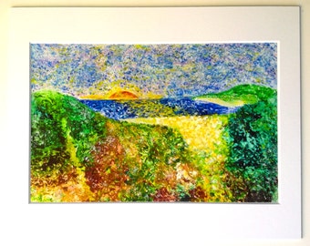 Sunrise/Sunset Landscape  11 x 14"  Matted Giclee  Impressionist  Pointillist  Green  Blue  Yellow  Orange  Earth Tones