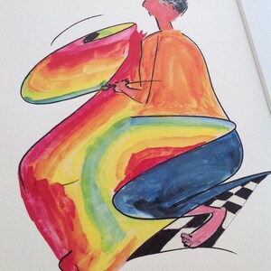 May include: A colorful abstract painting of a person playing a large, rainbow-colored instrument. The person is wearing a yellow shirt and blue pants. The text "I know what it is." is written at the bottom of the painting.