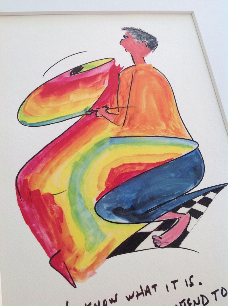 May include: A colorful abstract painting of a person playing a large, rainbow-colored instrument. The person is wearing a yellow shirt and blue pants. The text "I know what it is." is written at the bottom of the painting.
