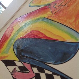 May include: A colorful abstract painting of a figure with a rainbow-colored body, blue pants, and pink feet. The figure is standing on a black and white checkered surface.