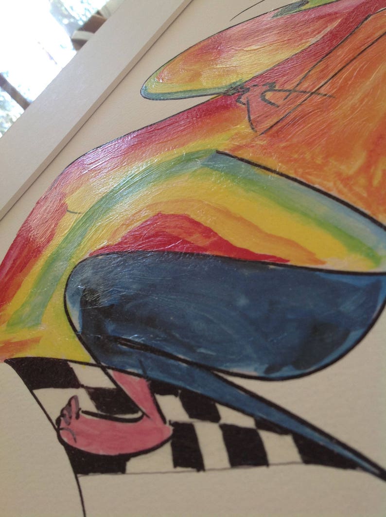May include: A colorful abstract painting of a figure with a rainbow-colored body, blue pants, and pink feet. The figure is standing on a black and white checkered surface.