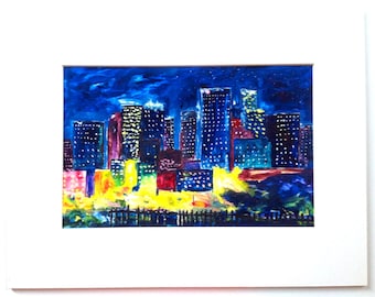 Manhattan Night, 8 x 10",  Exciting, Watercolor Giclee print, Wall Art, Midnight City Sky, Deep Blues, Yellows, Reds, Cityscape Art