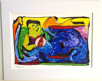 Bathing Beauty Beach Ball Giclee Print  | 16" x 20" Wall Art | Impressionist  | Colorful | Whimsical | Custom Mat | Beach | Nautical | Pool
