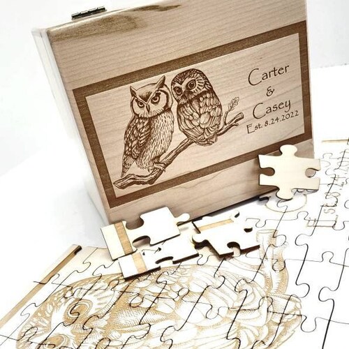 Personalized 100pc Wooden Owl Puzzle and Puzzle Storage Box, Wedding Gift, 5 Year Anniversary Gift, shops Custom Puzzle Gift,Laser Engraved Puzzle