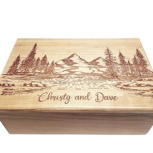 Large Music Box CHOOSE YOUR SONG Add Text, Custom Personalized Laser Engraved Mountain Scene Wood Music Jewelry Box, 5 year anniversary