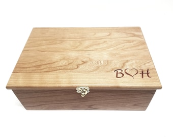 Custom Personalized Memory Box, 12x8x4  Engraved Text Memory Wood Box, 5 year anniversary gift, Wedding Card Box, Heart Engagement Box