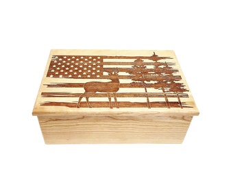 Custom Personalized Deer with American Flag Memory Box, Engraved Memory Wood Box, Custom Deer Gift, Custom American Flag Gift, Hunting Gift