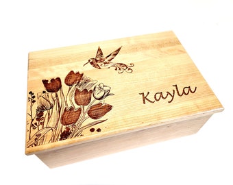 Custom Personalized Humming Bird Floral Keep Sake Box,12x8x4  Engraved Memory Wood Box, Humming Bird Memory Box, Custom Hummingbird Gift