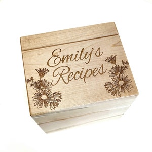 Caja de recetas con diseño floral personalizado, caja de recetas grabada con láser de madera con tarjetero, decoración rústica de cocina, caja de recetas para tarjetas de 6 x 4