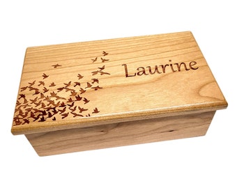 Personalized Music Box Choose Your Song, Custom Wood Music Jewelry Box,Laser Engraved Birds Music Box,Custom Memory Box