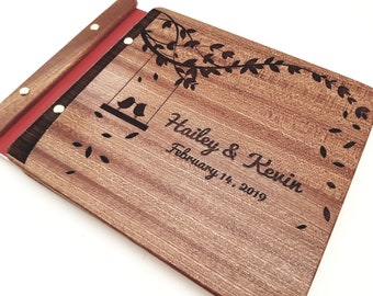 Custom Personalized Wood Guest Book Love Birds on Swing, Wooden Photo Album, Wood Memory Book, Rustic Wedding Book, Wood Leather Book