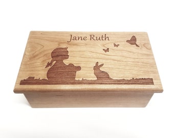 Personalized Little Girl Music Box Choose Your Song, Custom Daughter Gift, Little Girl and Bunny, Baby Shower Gift