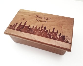 Personalized Chicago Skyline Music Box Choose Your Song, Custom Wood Music Jewelry Box, Chicago Retirement Gift, Chicago moving gift