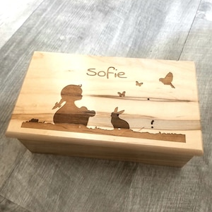 Music Box Choose Your Song Add Text, Laser Engraved Custom Little Girl with Rabbit Wood Music Box, Daughter Gift, Little girls music box