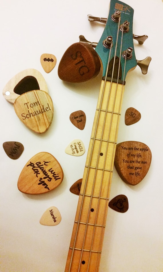 Personalized Wood Guitar Pick Box and Pick laser Engraved Custom