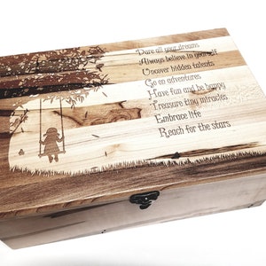 Large Music Box Choose Your Song Add Text, Custom Personalized Little Girl on Swing Laser Engraved Wood Music Box, Daughter Music Box Gift
