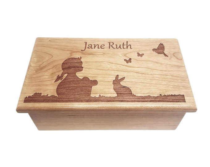 Music Box Choose Your Song Add Text, Custom Granddaughter Gift, Personalized Little Girl Bunny Laser Engraved Wood Music Box, Grandchild