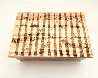 Custom Personalized Keep Sake Box,12x8x4  Engraved Memory Wood Box, Wedding Card Box, Laser Engraved Birch Trees and Birds Keepsake Box