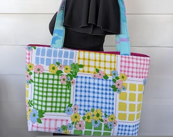 Large tote bag made with upcycled vintage sheet, floral straps, canvas lined, fully interfaced