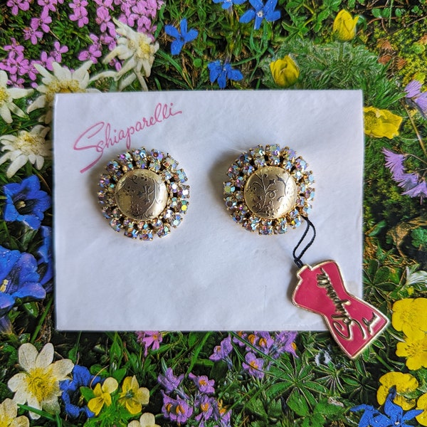 Vintage Schiaparelli clip on earrings rhinestone gold floral new on card with tag deadstock new old stock