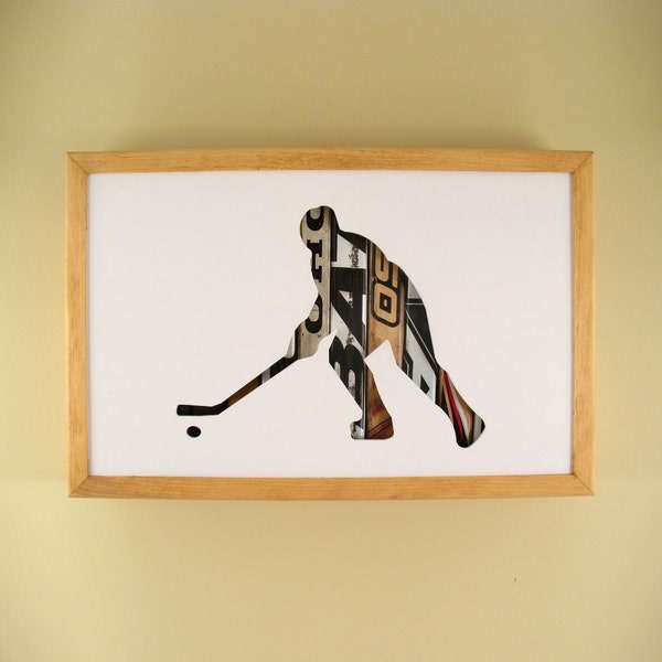 Hockey Player - 17" by 11" Recycled Wood Silhouette Wall Art