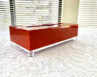 VINTAGE 50's Mid-Century Modern Lucite Orange / Clear Acrylic Tissue Box Holder