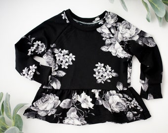 SALE! Black and White Floral Print Baby and Toddler Peplum Top